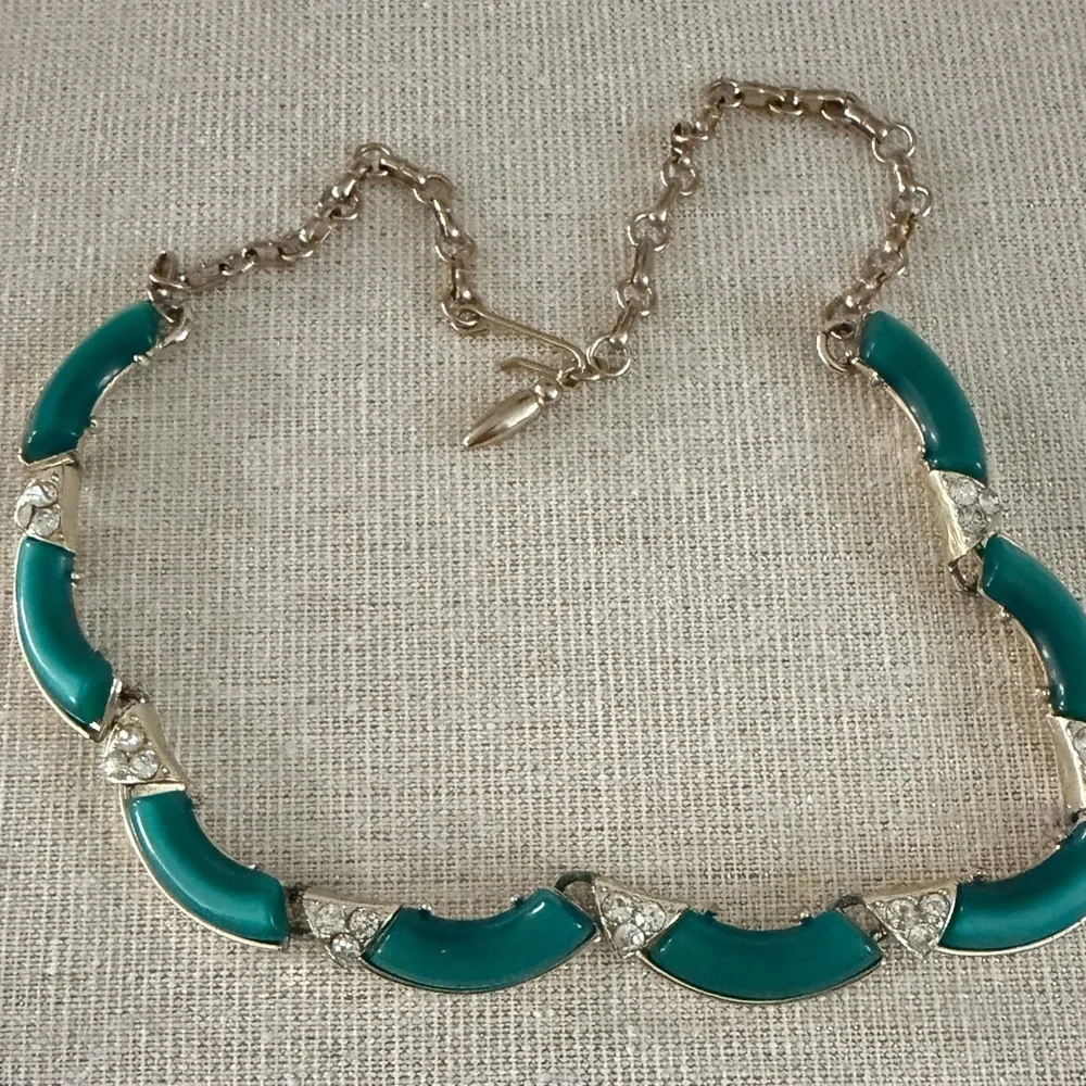 Vintage Art Deci Teal Crescent Link Necklace - Women Jewelry